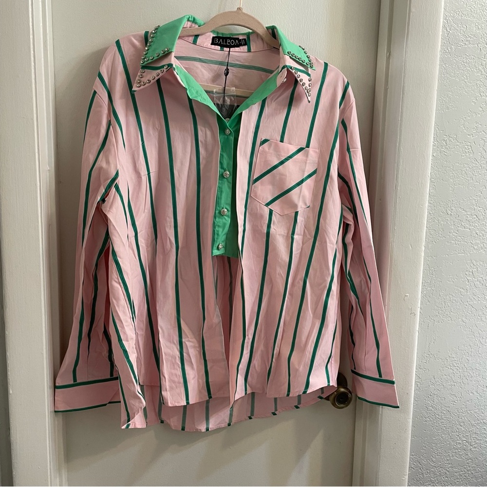 New BalBoa Pink and Green Striped Bedazzled Button Down Shirt New With Tags L